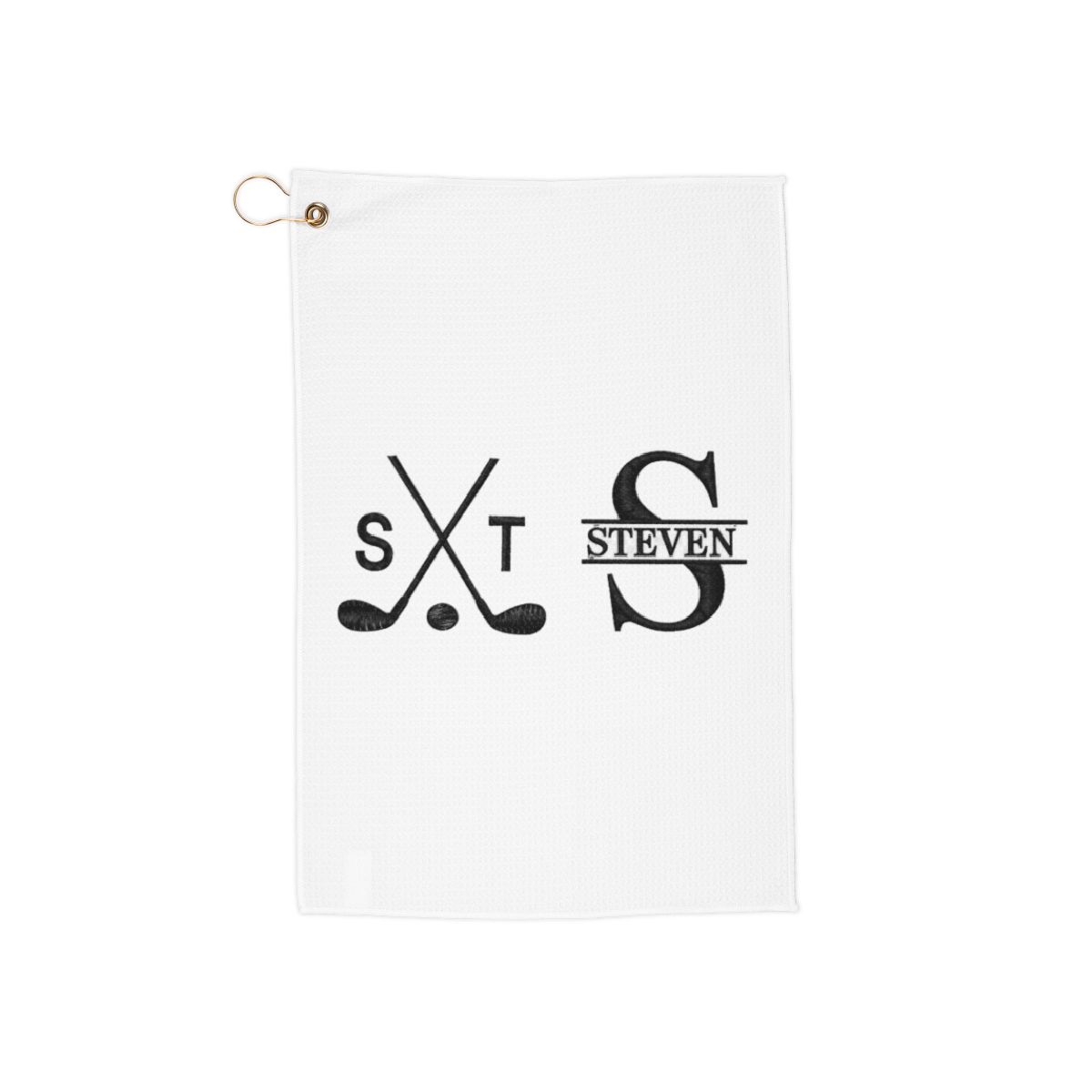 Three golf towels with personalised. The first towel is white black of crossed golf clubs and the initials "ST". The second towel is grey black of the letter "S" and the name "STEVEN" below... - Official Creator merchandise