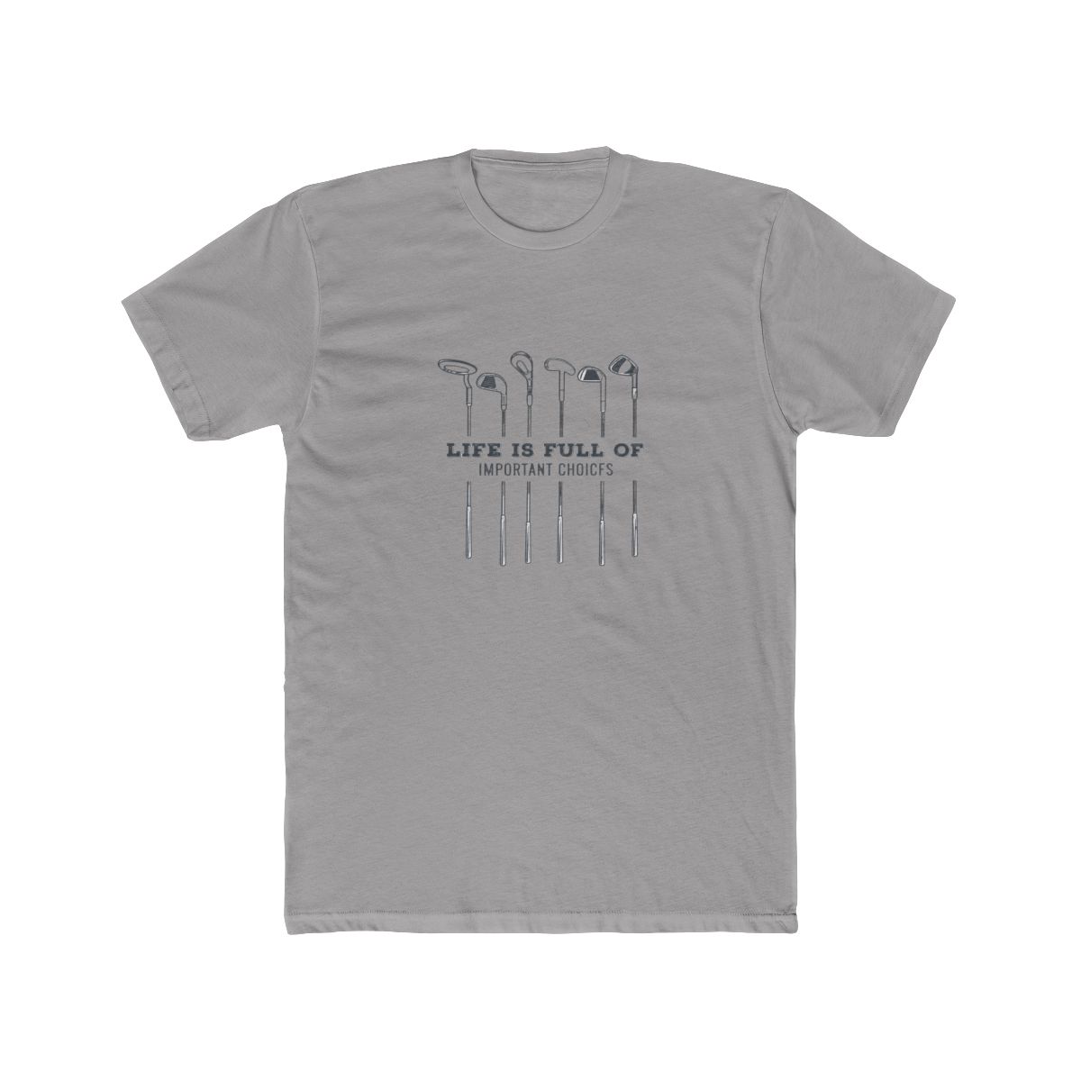Navy blue T Shirt with a white graphic of golf clubs and the text "Life is full of important choices" - Official t-shirts merchandise