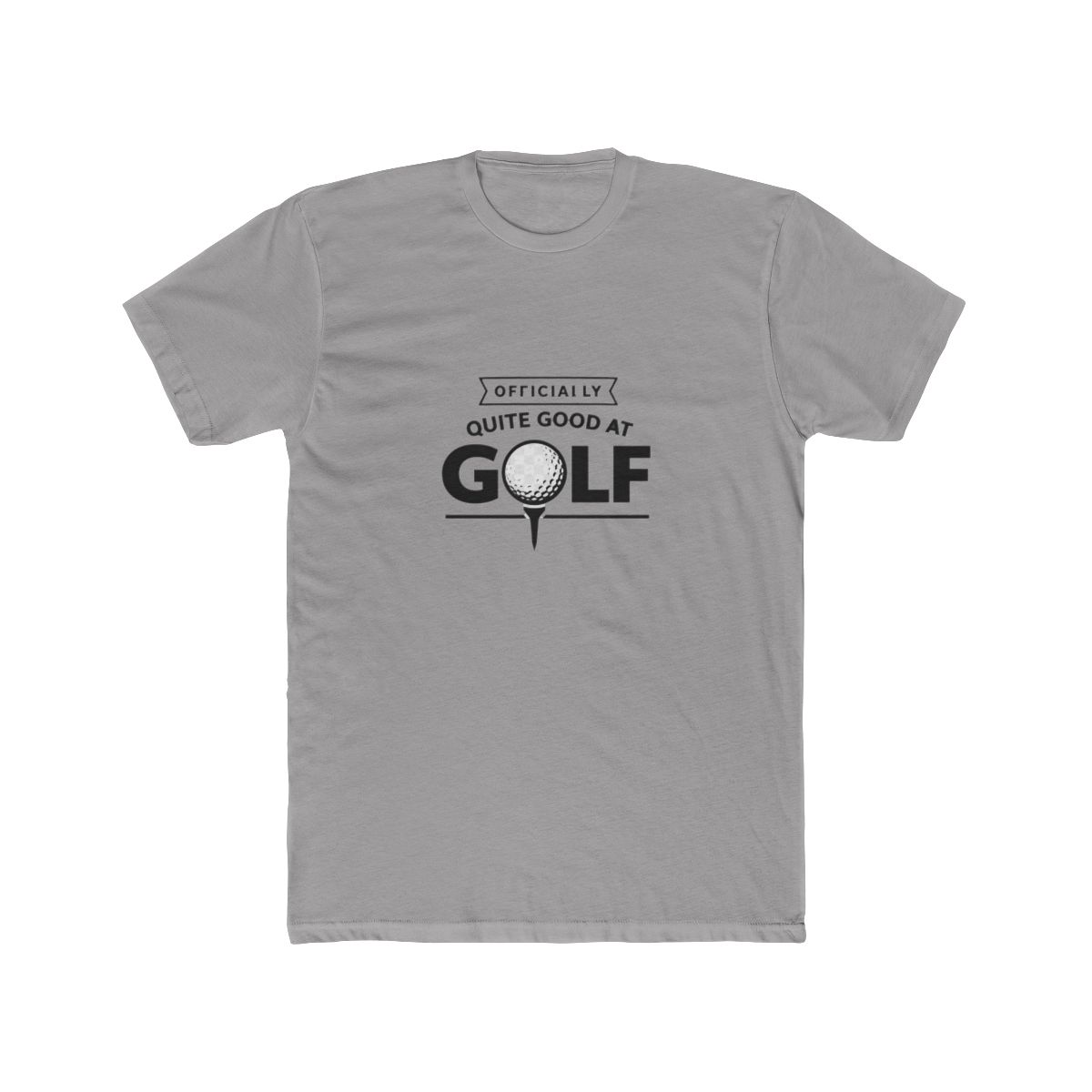 Black T Shirt with white text that reads "Officially Quite Good at Golf" with a golf ball and tee graphic - Official t-shirts merchandise