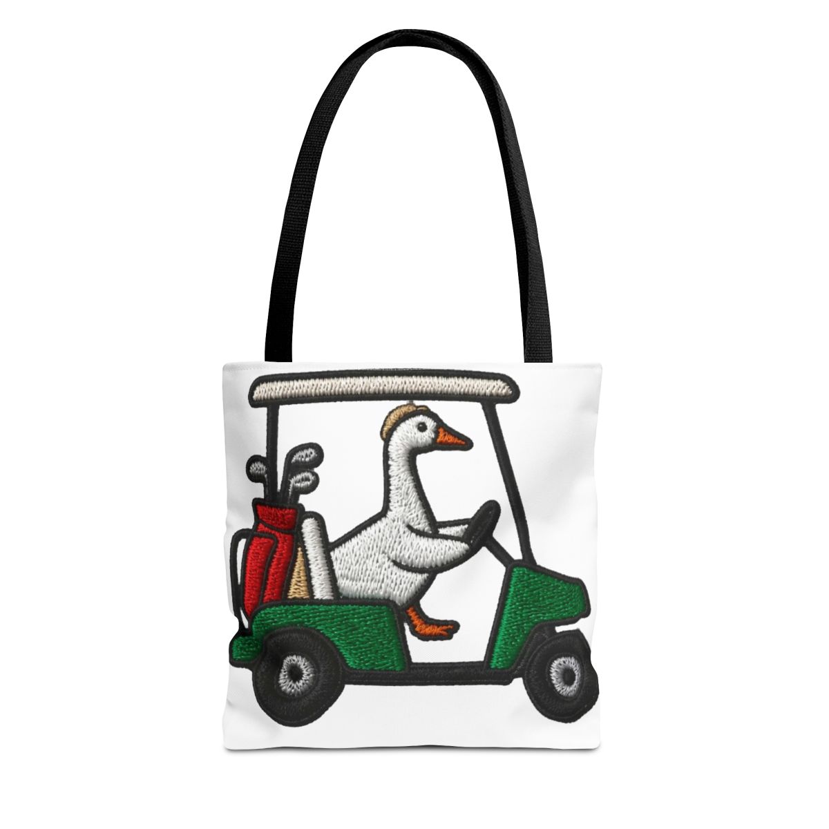 A tan baseball cap with an design of a goose driving a green golf cart. The cart has a red bag in the back. The goose is wearing a white hat and is holding the steering wheel. | Good Good... - Official t-shirts merchandise